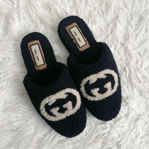 Gucci Shearling Interlocking G Womens EileenSlippers 38.5 Black Butterscotch